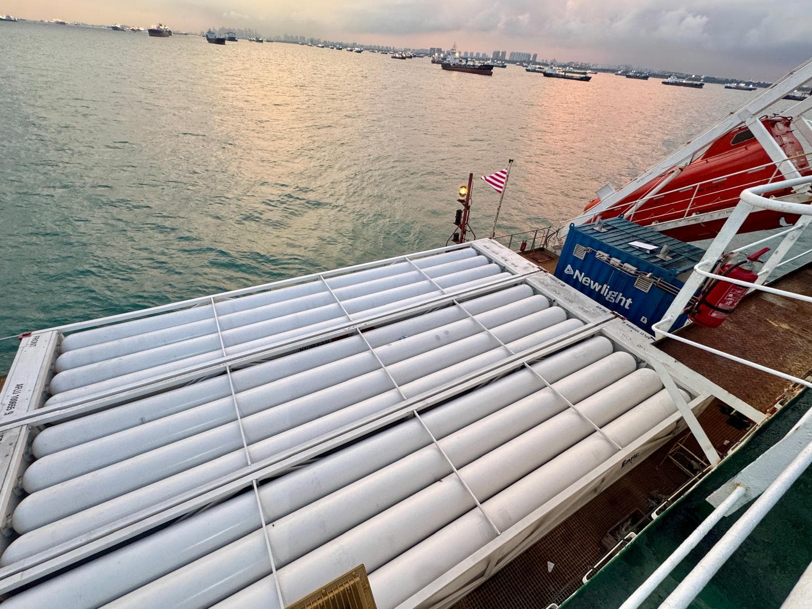 Newlight hydrogen tanks installed on deck near a harbor