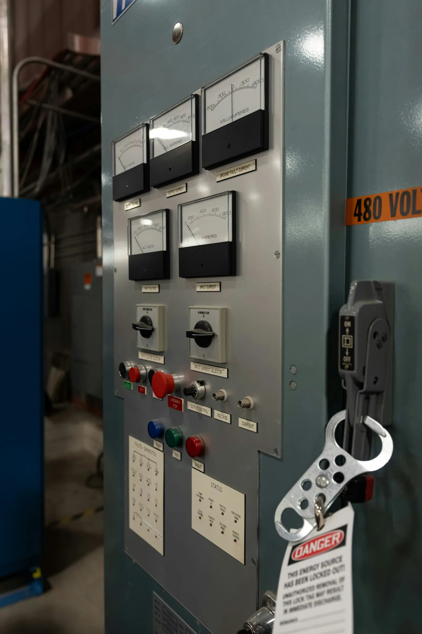 Industrial control panel with gauges and safety controls